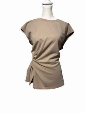 NWT Modern Works Side Twist Ruched Cap Sleeve Top Taupe Cotton Blend L